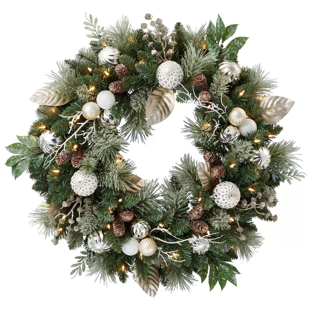 Couronne artificielle décorée à DEL pré-éclairée de 30 po