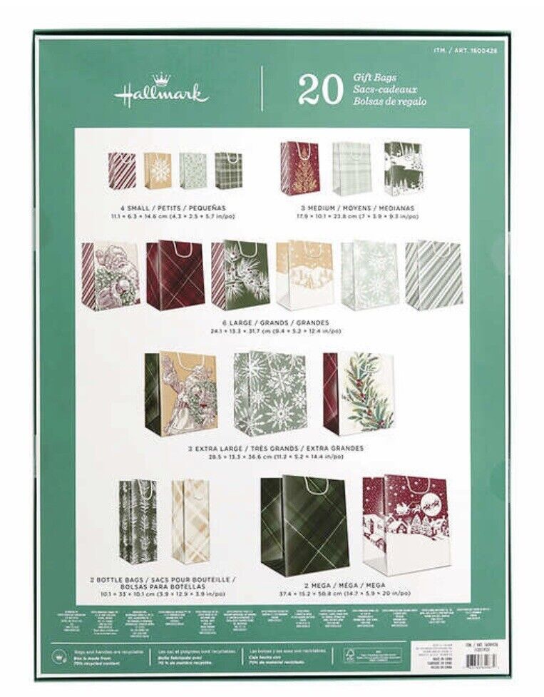 Hallmark Holiday Recyclable Gift Bags - 20-Pack