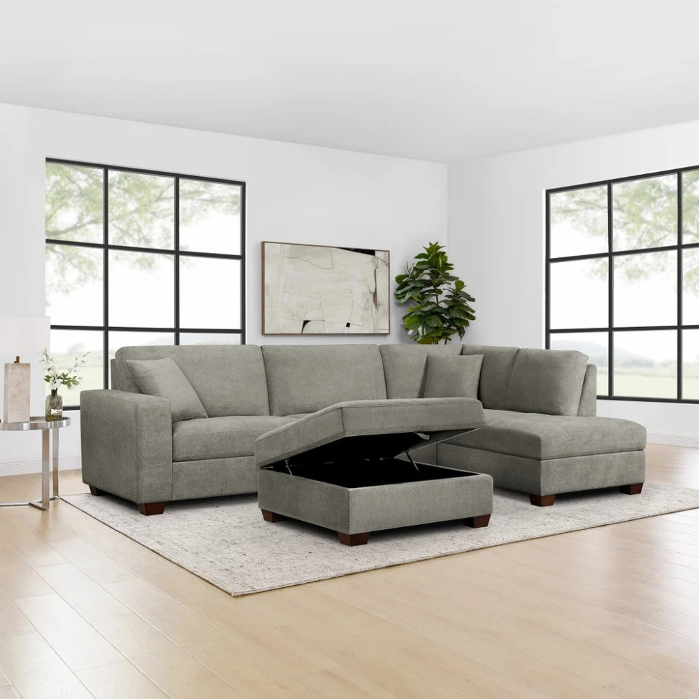 Thomasville Miles - 3-piece fabric sectional with right-facing configuration and storage ottoman