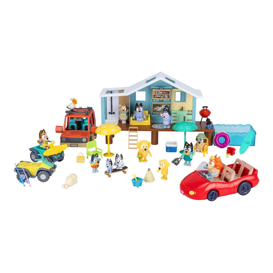 Bluey Beach Cabin Playset, Maison de la Plage du Chien Bleu, Jouet avec Figurine, Accessoires, Piscine, Lunettes, Flotteur, Barbecue, Maison Bleue, célèbre (BLY66000 Bluey Beach Cabin Playset, Maison de la Plage du Chien Bleu, Jouet avec Figurine, Accessoires, Piscine, Lunettes, Flotteur, Barbecue, Maison Bleue, célèbre (BLY66000