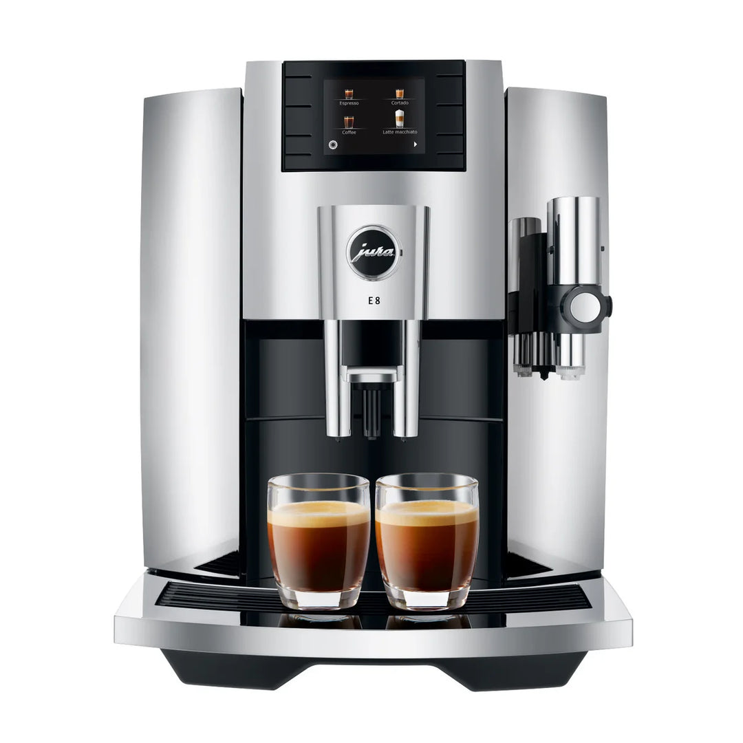 Jura E8 - Automatic espresso machine with milk container, cooler, and stainless steel milk tube