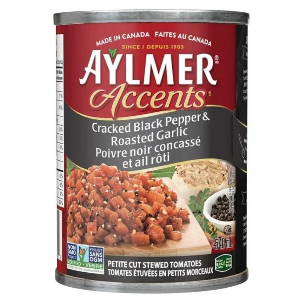 Aylmer Cracked Black Pepper and Roasted Garlic Stewed Tomatoes