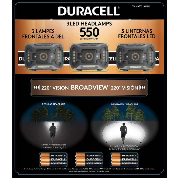 Duracell - Ensemble de 3 lampes frontales Broadview de 550 lumens