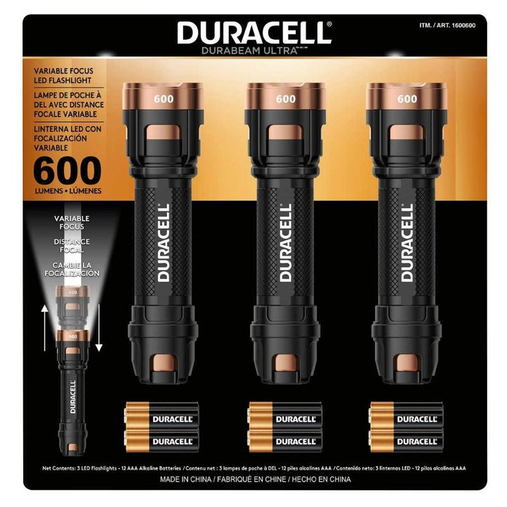 Duracell - Ensemble de 3 lampes de poche de 600 lm en aluminium à 4 piles AAA