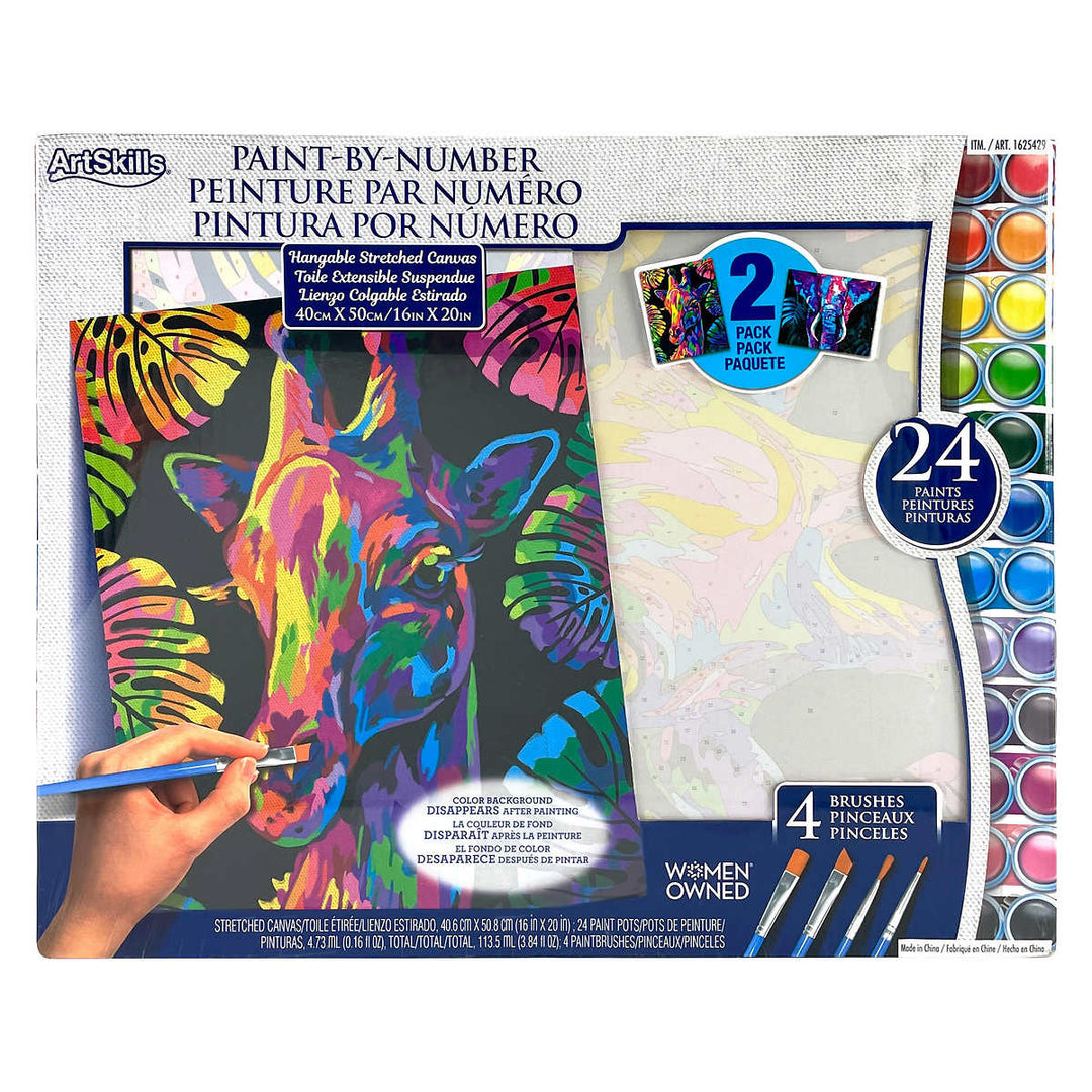 ArtSkills Paint by Number for Adults 2-Pack, 16” x 20” Stretched Canvas  Paint by Numbers with Premium Acrylic Paints & Paint Brushes, Colorful  Animals