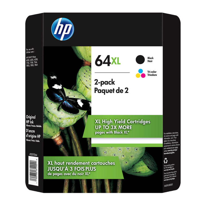 HP 64XL High Yield Black and Tri-color Ink Cartridges (X4D93BN) 