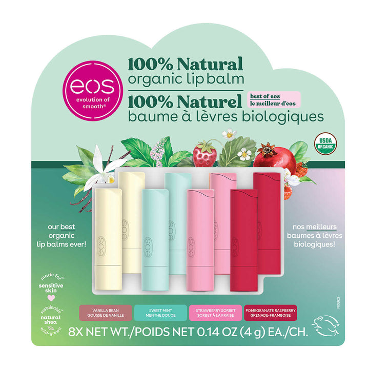 eos - Baume à lèvres 100% naturel et biologique, paquet de 8 bâtons