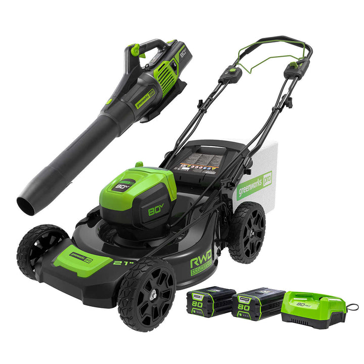 Greenworks 80V Combo Kit 21 Inch Walk Behind Mower + Charger Blower Included